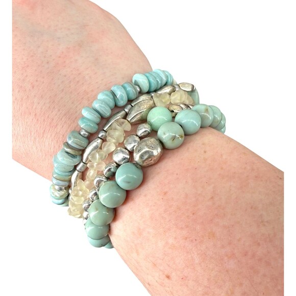 J. Jill Multi Beaded Stretch Bracelet Set Aqua Silver Tone Stackable Beachy Boho - Picture 3 of 13